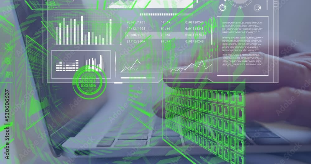 Poster animation of data processing over hands using laptop