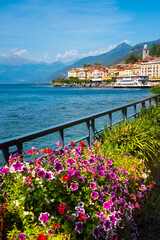 Beautiful coast of lake Como in summer with flowers, famous tourism destination