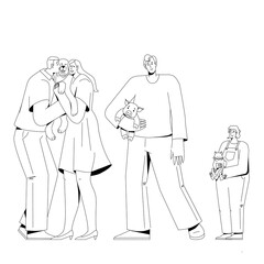 People holding cute pets set. Happy woman and man kiss his dog, man with little pig and child with lovelykittie in hands.