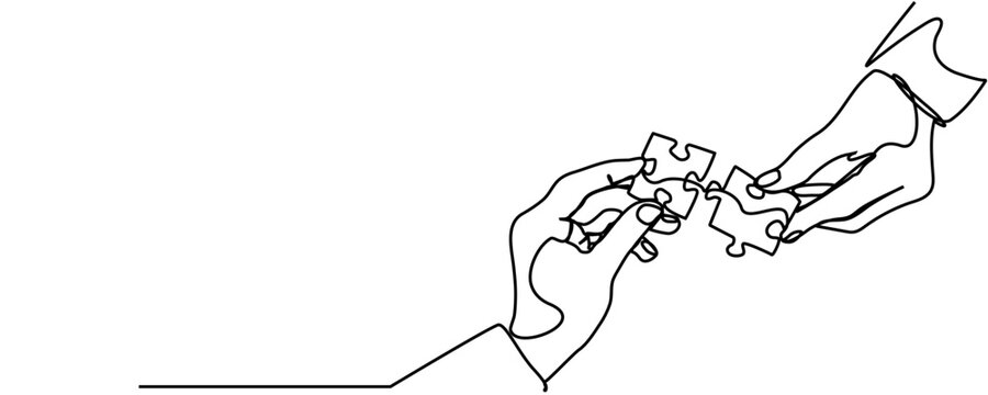 continuous line drawing of hands solving jigsaw puzzle