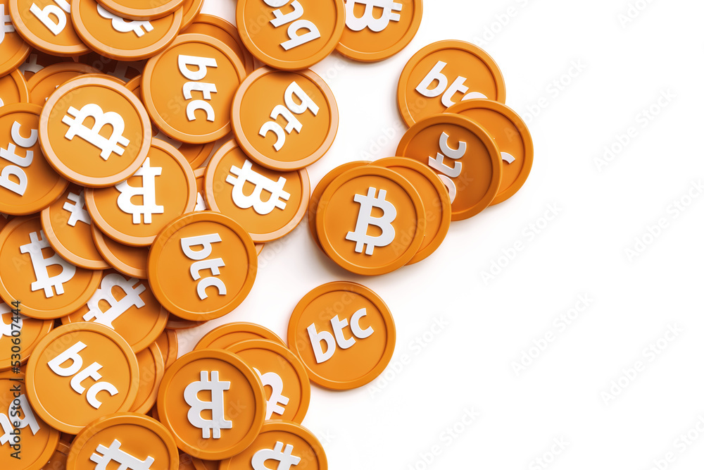 Poster bitcoin background design with randomized coins and copy space. high quality 3d rendering.