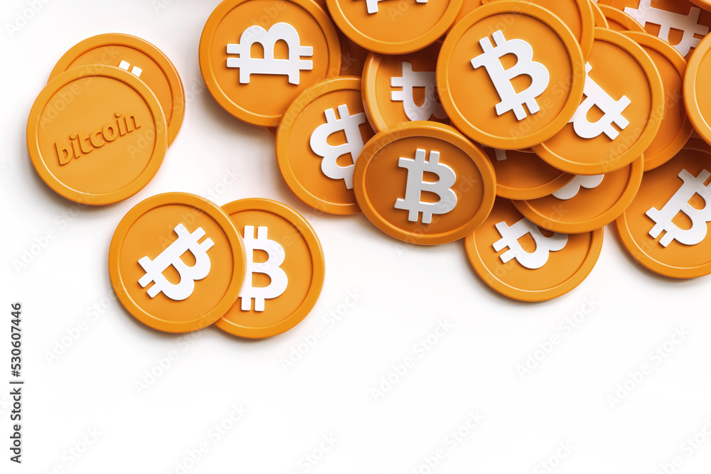 Poster bitcoin btc bunch of randomly placed tokens seen from above with copy space at the bottom. high qual