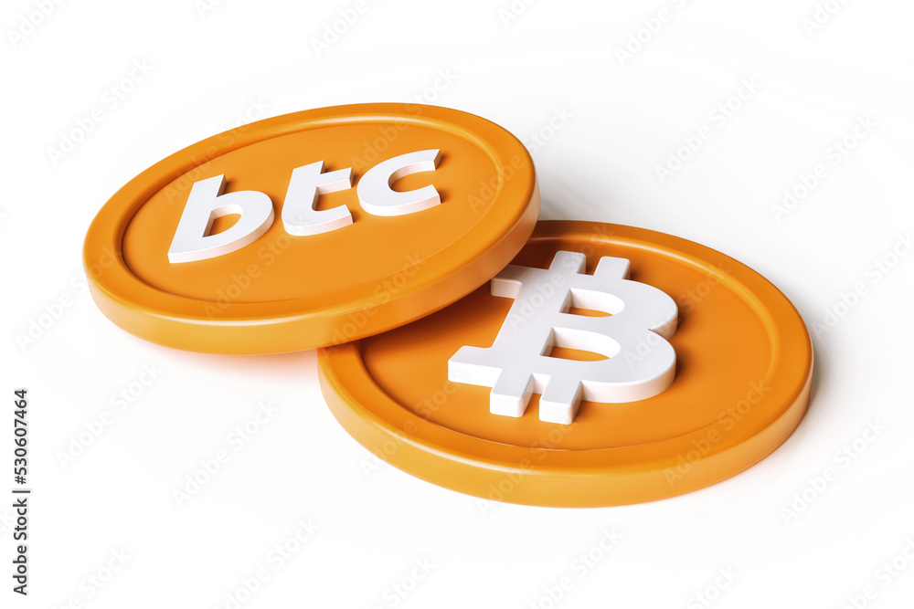 Poster bitcoin crypto coins displaying logo and btc ticker text abbreviation on a white surface. high resol
