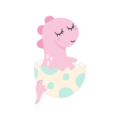 cute baby pink dino in cracked eggshell isolated  minimal flat cartoon illustration.