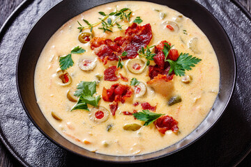 Beer cheese soup in bowl, top view