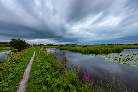 Dramatic looking clouds over a path between water filled ditches in the Dutch polder landscape