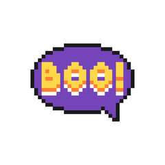 Boo speech bubble Halloween icon in pixel art design isolated on white background, vector sign symbol.