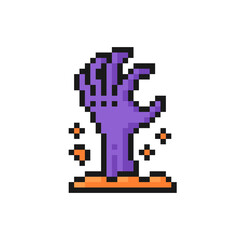 Zombie hand out of the ground icon in pixel art design isolated on white background, Halloween vector sign symbol. © Derter