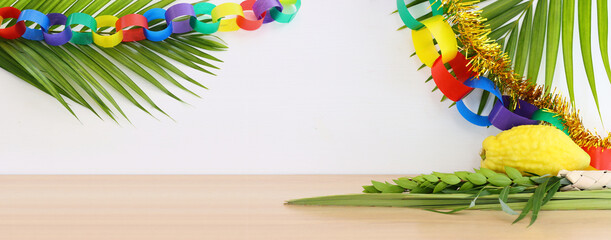 Jewish festival of Sukkot. Traditional symbols (The four species): Etrog (citron), lulav (palm branch), hadas (myrtle), arava (willow) © tomertu