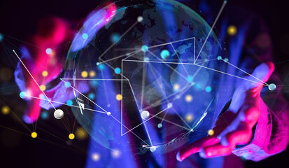 Global network. Blockchain. 3D illustration. Neural networks and artificial intelligence. Abstract