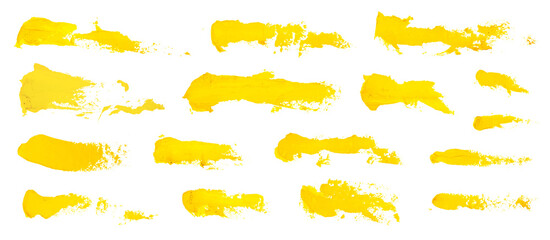 Set of yellow oil paint brush strokes, high detail abstract acrylic grunge elements, texture...