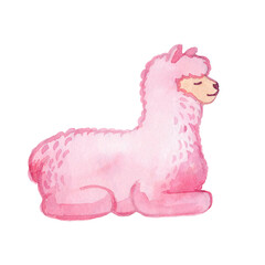 Llama and alpaca collection of cute hand drawn watercolor  illustrations, cards and design for nursery design, poster, greeting card. Llamas or alpacas clip-art. Cute animals watercolor  illustration.