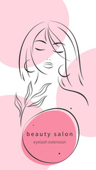 Eyelash extension logo. Beautiful female face. Design element for beauty salon. Vector illustration