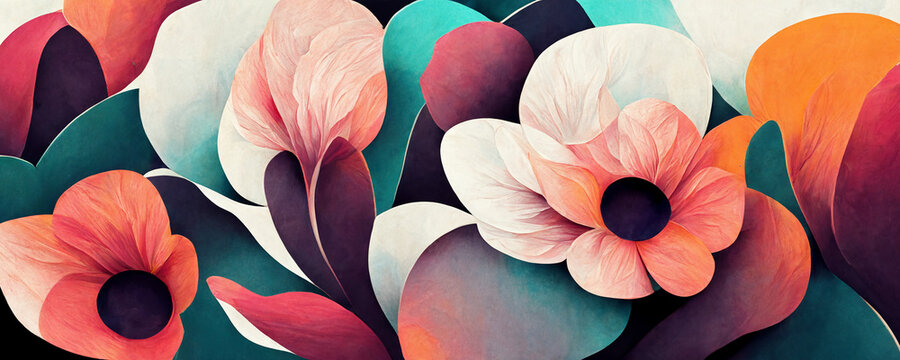 Modern flower design  with pink, orange, cyan flowers, floral patterns, hand drawn textures