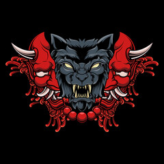 WOLF WITH HANNYA ONI MASK VECTOR ILLUSTRATION