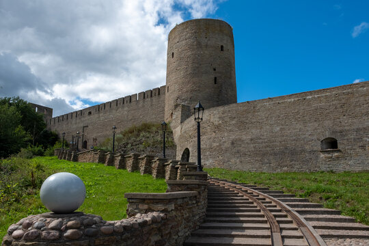 Staircase to the fortress. Fortress wall and tower in Ivangorod