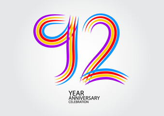 92 years anniversary celebration logotype colorful line vector, 92th birthday logo, 92 number design, Banner template, logo number elements for invitation card, poster, t-shirt.