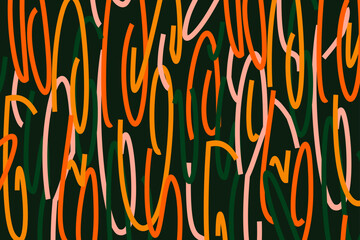 Trendy abstract vector banner with bright colorful serpentine ribbons on dark background. Festive, celebration, greeting illustration in flat simple doodle style. Random scribbles in autumn colors