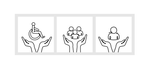 Inclusion, equality and diversity icons. Hands holding a person or employee and a person in a wheelchair. Employee protection. Black and white illustration
