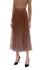 Brown Beige women's luxury evening Maxi Chiffon Pleated Skirt on model isolated on white background, woman wearing Long Glossy Skirt, autumn spring outfit, top front view. Long legs in hight heels