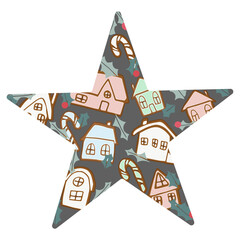 Gingerbread house star shape card vector illustration Cookies with various icing and candy canes and holly on grey background Flat cartoon style vector illustration 