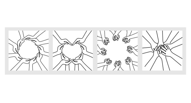 Set of illustrations of inclusion, equality and diversity. The hands form a heart and a circle and hold each other. Black and white illustration