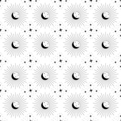 Vector celestial seamless pattern. Isolated linear blask and white cosmic elements. Sun, Moon and stars glyphs on white background - obrazy, fototapety, plakaty
