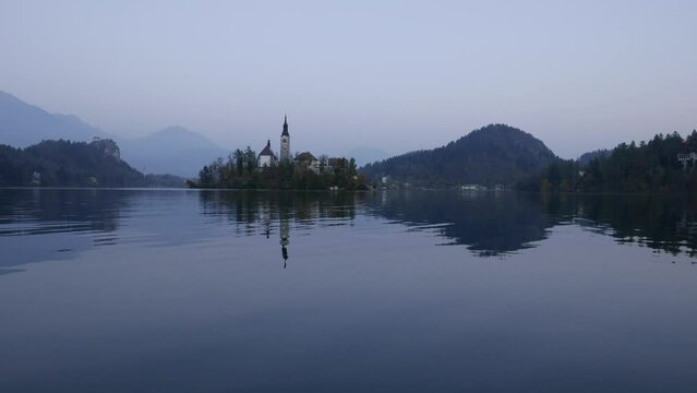 Amazing View in autumn  : Bled Lake, Island,Church And Castle With Mountain Range (Stol, Vrtaca, Begunjscica) In The Background-Bled,Slovenia,Europe