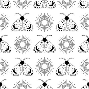 Esoteric Vector Seamless Pattern With Linear Mystic Elements. Lunar Moth And Linear Sun On White.