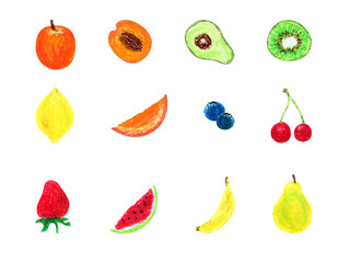 Oil pastel minimalistic fruits set on isolated white background. For social media, postcard, greeting card, stationery, invitation, art printable, planner, stickers