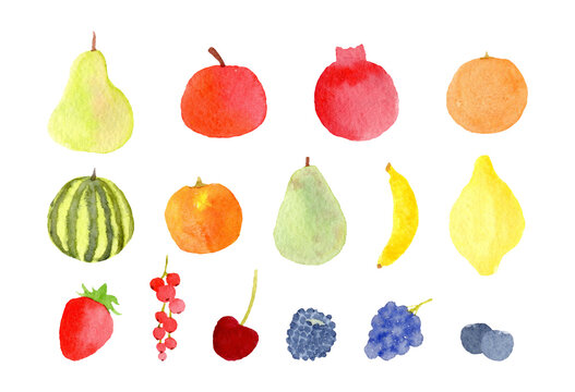 Watercolor minimalistic fruits set on isolated white background. For social media, postcard, greeting card, stationery, invitation, art printable, planner, stickers
