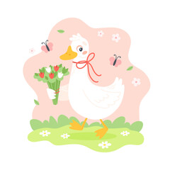 Goose with flowers. Spring character outdoors with butterflies. Cute seasonal vector illustration in flat cartoon style