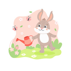 Bunny watering plants. Spring character outdoors with butterflies. Cute seasonal vector illustration in flat cartoon style