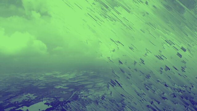 Pixel noise mixed tih real fottage from plane landing. Minimal background with digital noise and pixel glitch