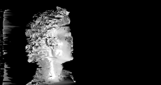 Digital noise on classical statue. Head statue as digital 3D model (CC0) with glitch and pixel sorting. Concept for digital heritage and culture digitisation in blockchain as NFT or tech apps VR or AR