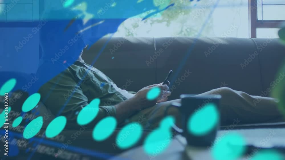 Poster animation of numbers and data processing with world map over caucasian businessman using smartphone