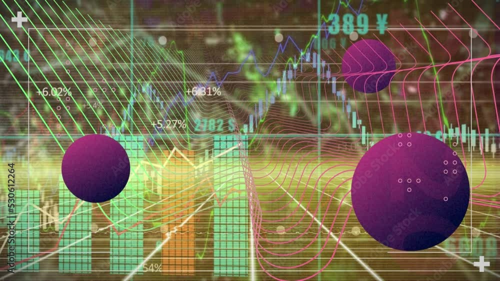 Poster animation of bar and lines graphs with colorful wave patterns and circles over grid pattern