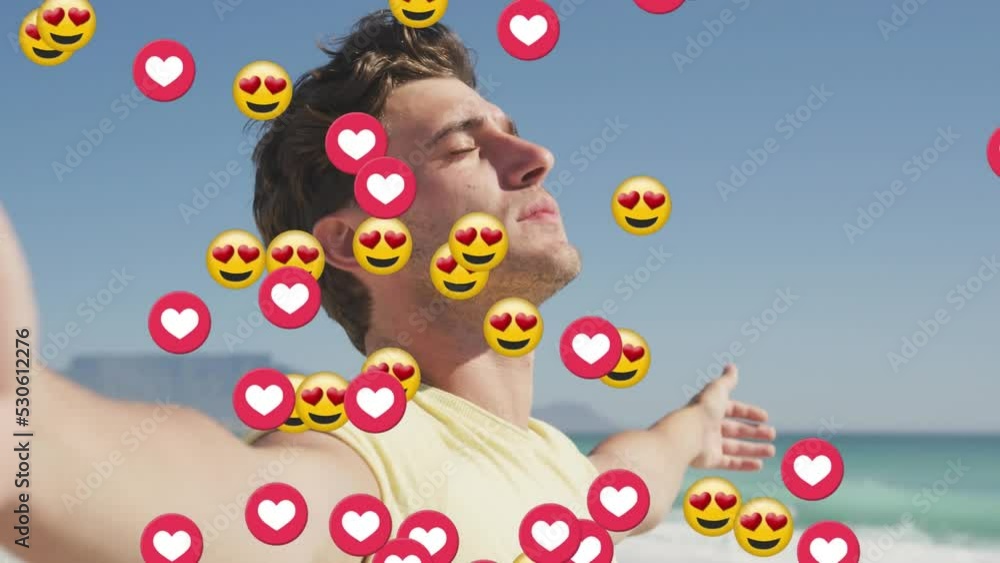 Poster animation of emoji icons in row with floating on multiple face emojis