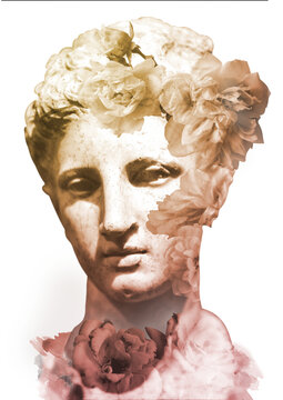 Antique  female bust surrounded with flowers. Double exposure composition