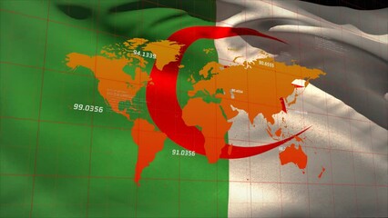 Animation of data processing over flag of algeria and world map - Powered by Adobe