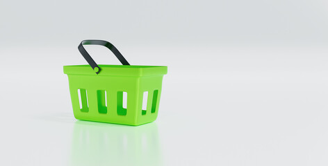 Idea empty shopping,green shopping basket realistic plastic,on white color background,for direct and online sales concept,cartoon minimal,banner header panoramic,3D rendering illustration