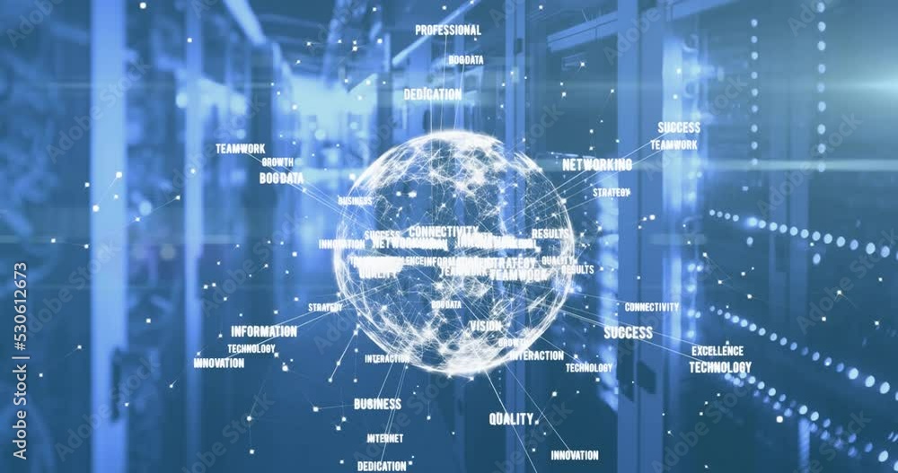 Poster animation of globe with business texts over server room