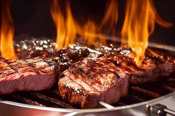 Grilled meat steak on stainless grill depot with flames on dark background. Food and cuisine...