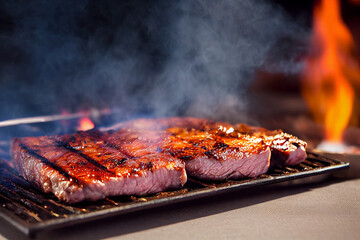 Grilled meat steak on stainless grill depot with flames and smoke on dark background. Food and cuisine concept.
