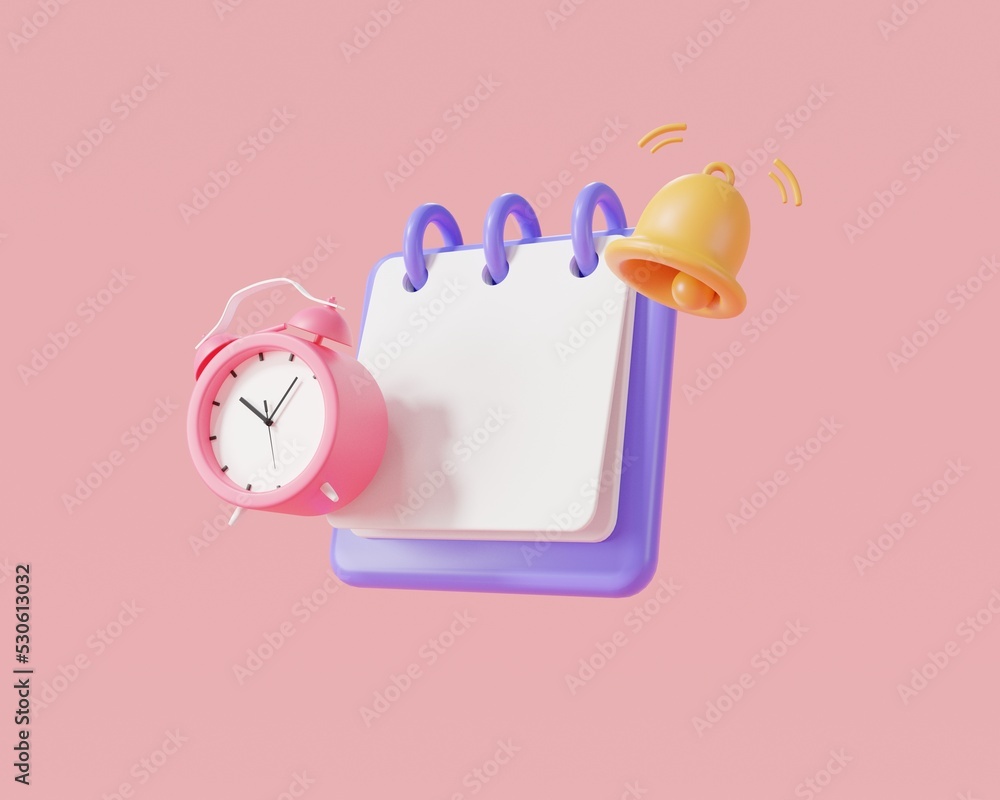Poster 3d rendering illustration of note book icon with bell notification and clock alarm isolated on pink 
