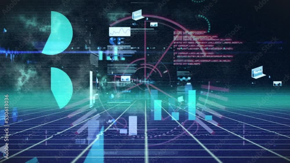 Poster animation of rotating circles with pie chart, programming language over abstract background