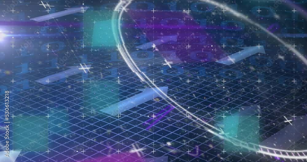 Poster animation of glitch technique with circles, arrows and lens flare over binary codes