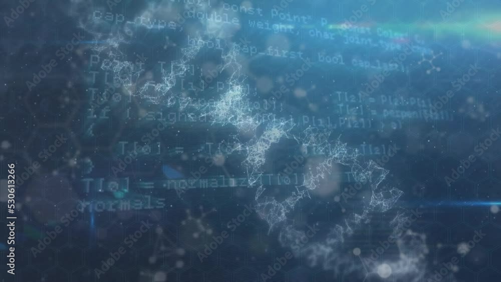 Poster animation loop of circles with dna helix over programming language and floating nucleotides