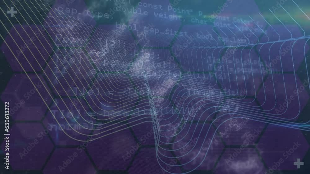 Poster animation of looping circles with wave pattern over hexagons and programming language