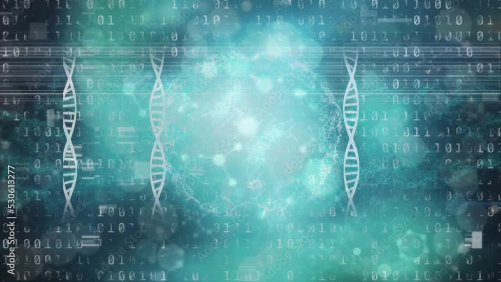 Poster animation loop of dna helixes with illuminated floating nucleotides over binary codes